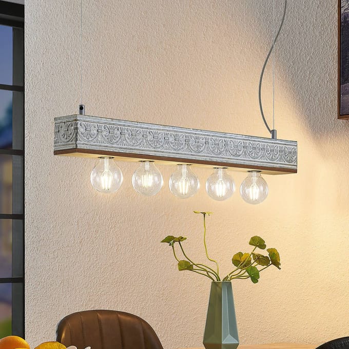 Lindby - hanglamp - 5lichts - MDF, ijzer - H: 9 cm - E27 - hout licht, wit antiek gegalvaniseerd