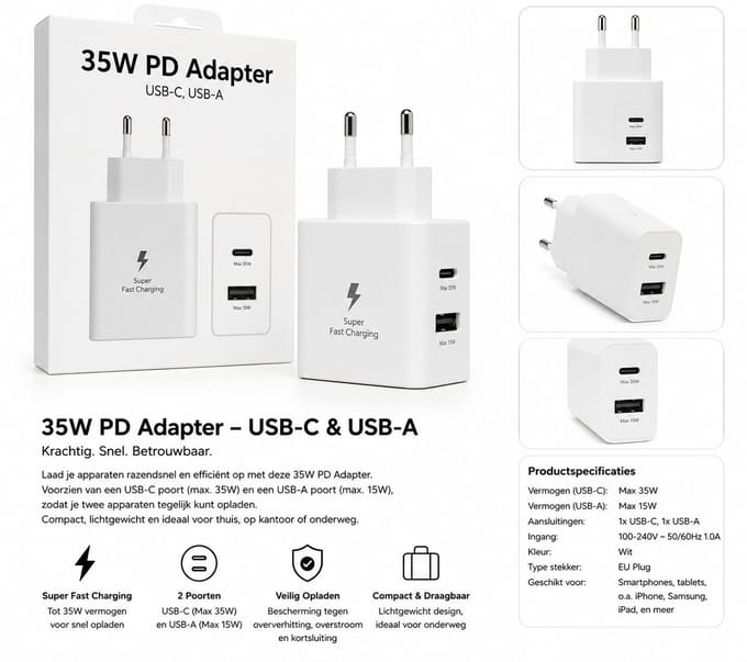 35W PD Snellader USB-C + USB-A Adapter – Super Fast Charging – Wit