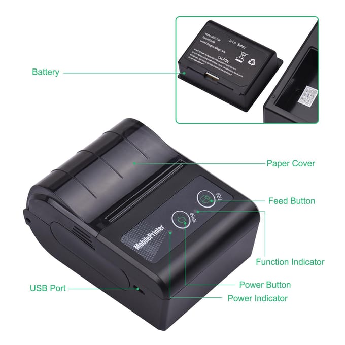 Draagbare 58mm 2 inch draadloze BT thermische factuurontvangstprinter Mini mobiele POS-printerondersteuning black