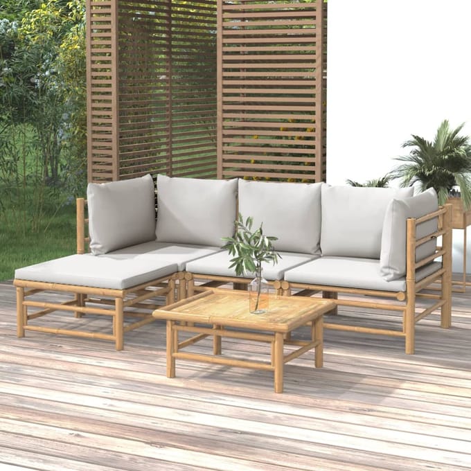 vidaXL - 5-delige - Loungeset - met - kussens - bamboe - lichtgrijs