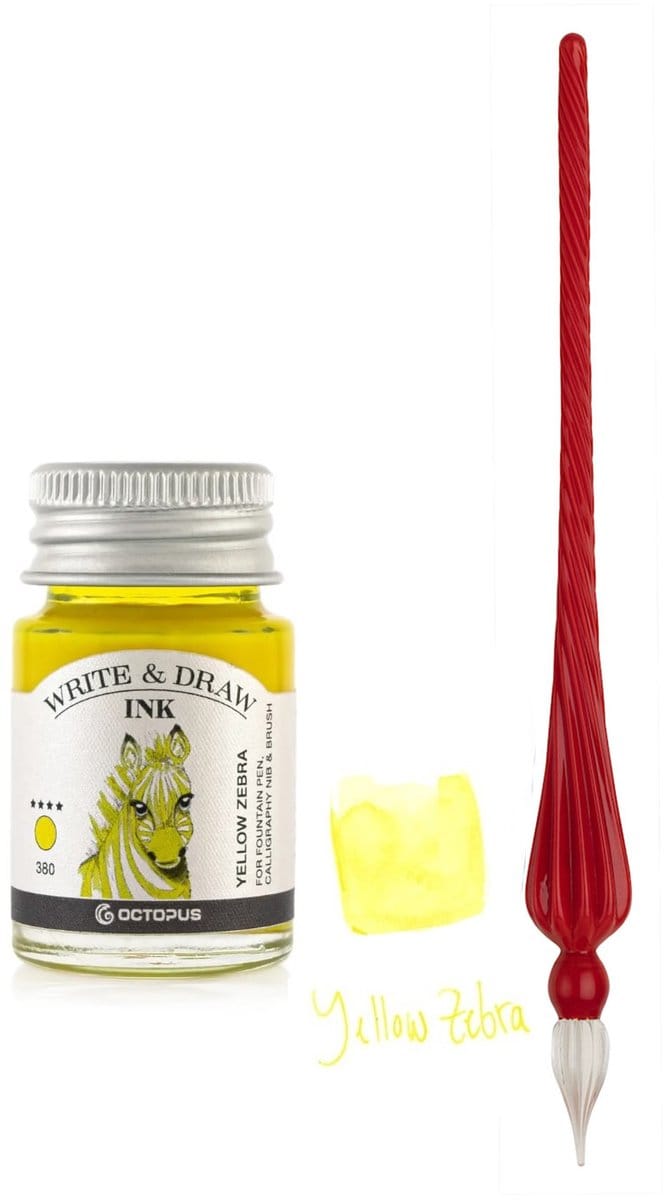 Glaspen - Glazen Dip Pen set in doosje - Rood - Potje - Octopus - Vulpen inkt - yellow zebra