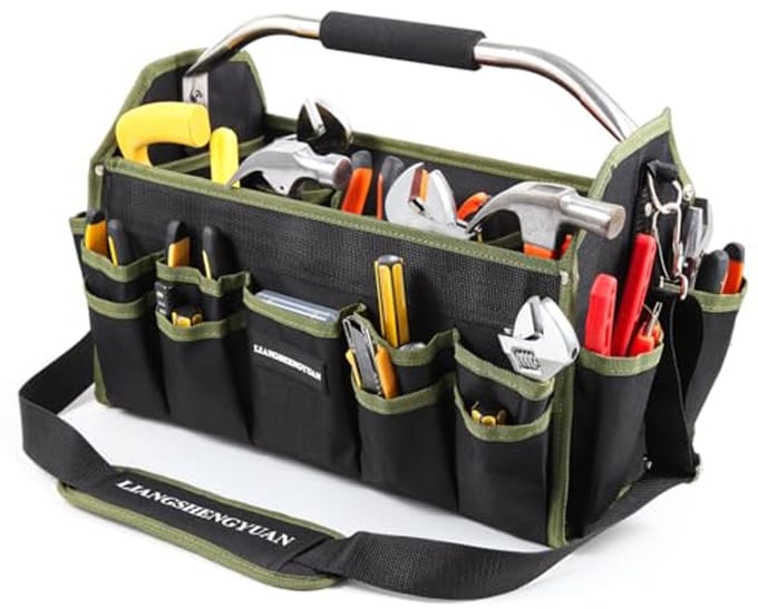 16" Heavy Duty Tool Tote Bag - Open Top, Multiple Compartments for Electricians
