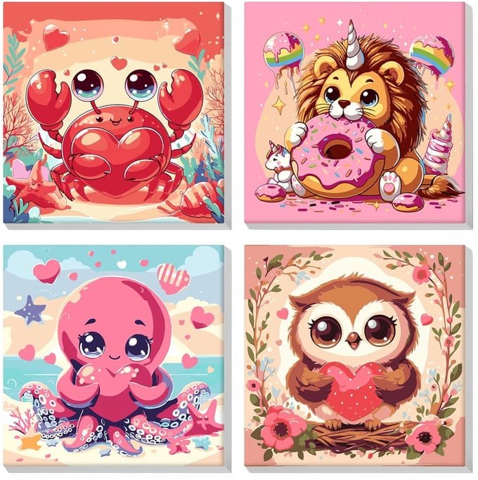 Dailygoods- Schilderen op Nummer - Dieren - 4 Stuks - Canvas Set