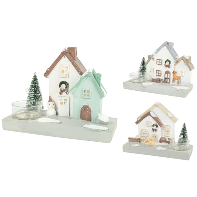 Kerst theelichthouder huis 3 assorti