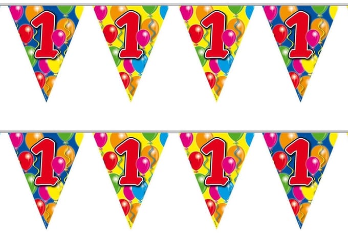 1 jaar Leeftijd versiering vlaggenlijn - 2x - vlaggetjes - slinger - 10 meter - kunststof