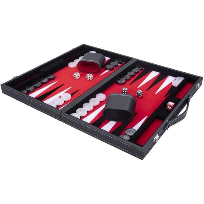 Backgammon 15 inch - Rood, Zwart & Wit Ingelegd Bord - Luxe Kunstlederen Koffer met Handvat - Engelhart