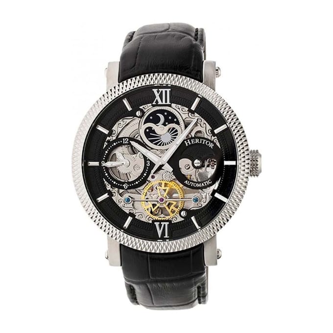 Heritor Automatic Aries Skeleton leren band horloge - Zwart
