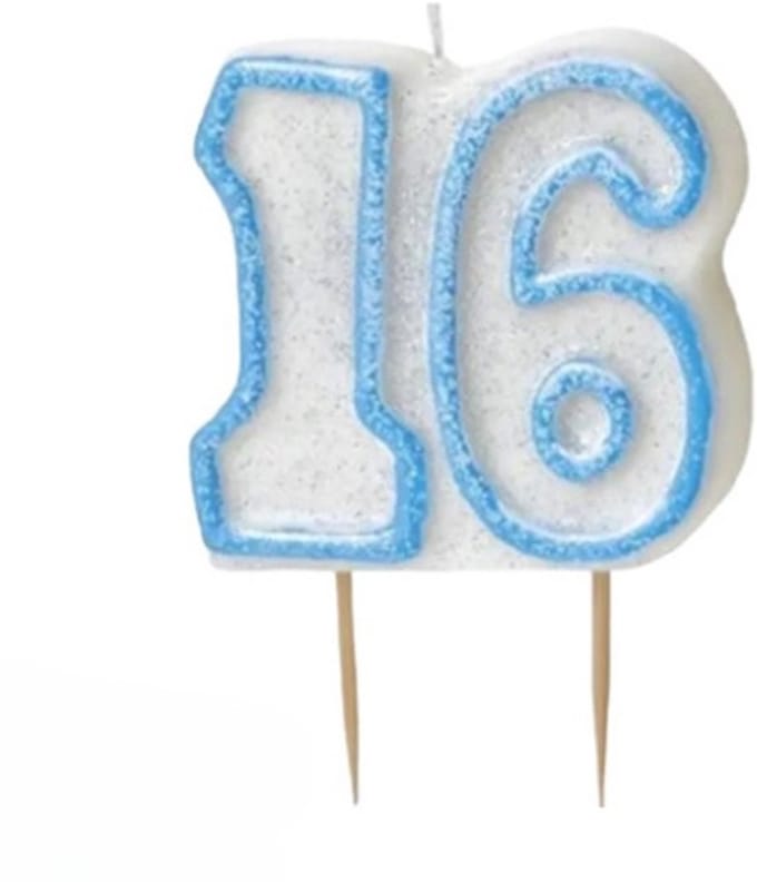 Verjaardagskaars cijfer 16 - wit-blauw