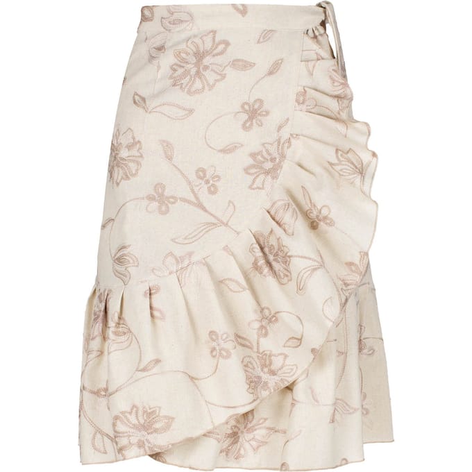 Ecru Geborduurde Bloemen Wikkel Ruffle Rok