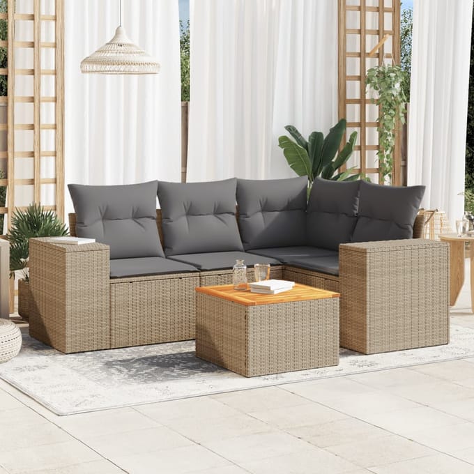 vidaXL - 5-delige - Loungeset - met - kussens - poly - rattan - beige