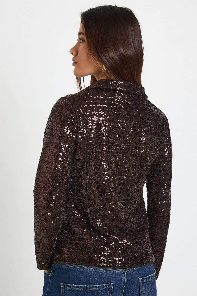 boohoo Dames Pailletten Oversized Doorknoop Shirt | Chocolate | Maat: 6