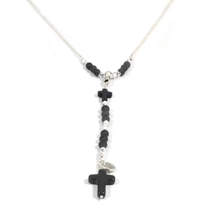 Heaven Eleven dames Ketting zilver plating - onyx matte - zwart kruisje