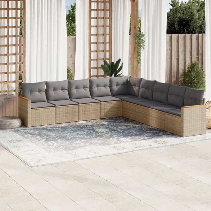 vidaXL - 9-delige - Loungeset - met - kussens - poly - rattan - gemengd - beige