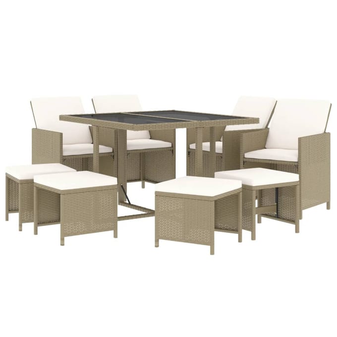vidaXL - 9-delige - Tuinset - met - kussens - poly - rattan - beige