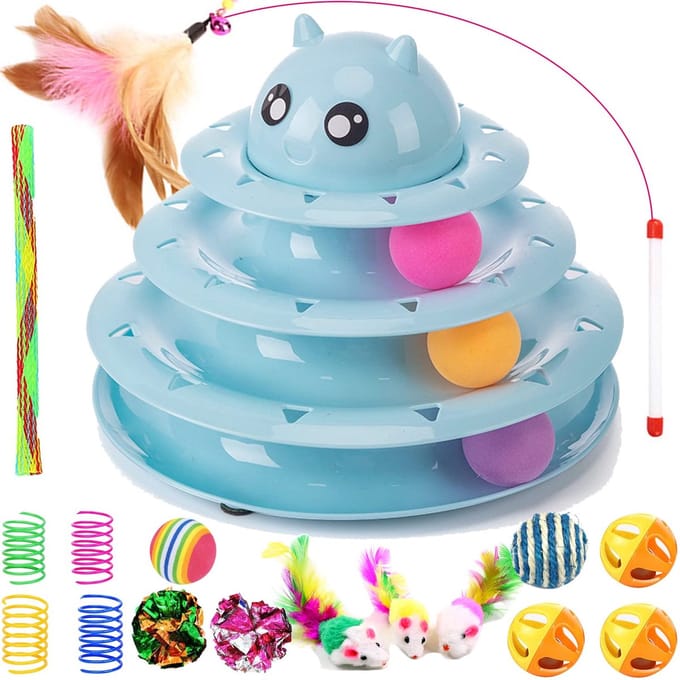 17-pack Kattenspeelgoed Interactief voor Indoor Katten Kitten Speelgoed Leuke Roller 3-laags Kat Teaser Bal Speelgoed met Kat Veer Wand