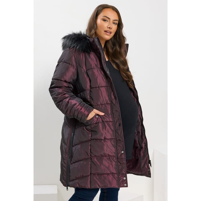 Bump It Up Maternity Paarse Panelled Puffer Midi Jas Size 48