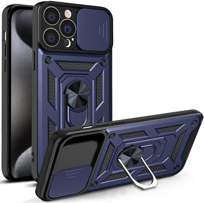 Hoesje geschikt voor iPhone 15 Pro Max met Ringhouder en Camera schuifje – Blauw