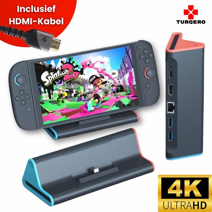 Turqero Nintendo Switch 2 TV Docking Station Set - 4K UHD - Nintendo Switch 2 Oplaadstation + Tv/Monitor aansluiting voor Schermprojectie