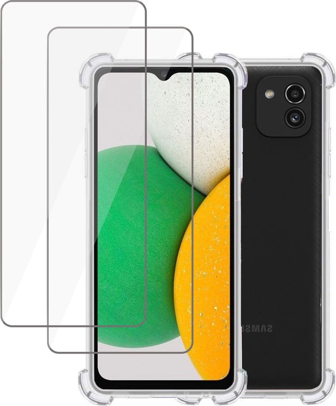 Hoesje geschikt voor Samsung A03 + 2x Screenprotector – Tempered Glass - Extreme Shock Case Transparant