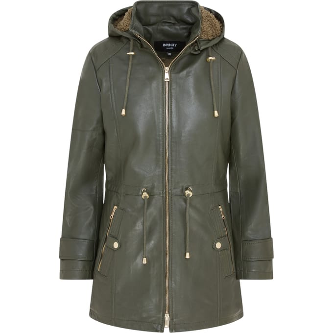 Dames groene leren parka met afneembare borg capuchon en trenchcoat - Trekker