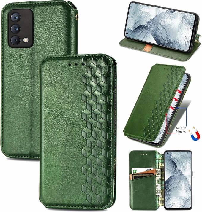 Luxe PU Lederen Ruitpatroon Wallet Case + PMMA Screenprotector voor Realme GT Master _ Groen