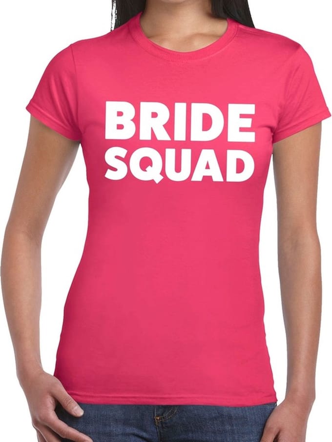 Bride Squad tekst t-shirt roze dames - dames shirt Bride Squad- Vrijgezellenfeest kleding S