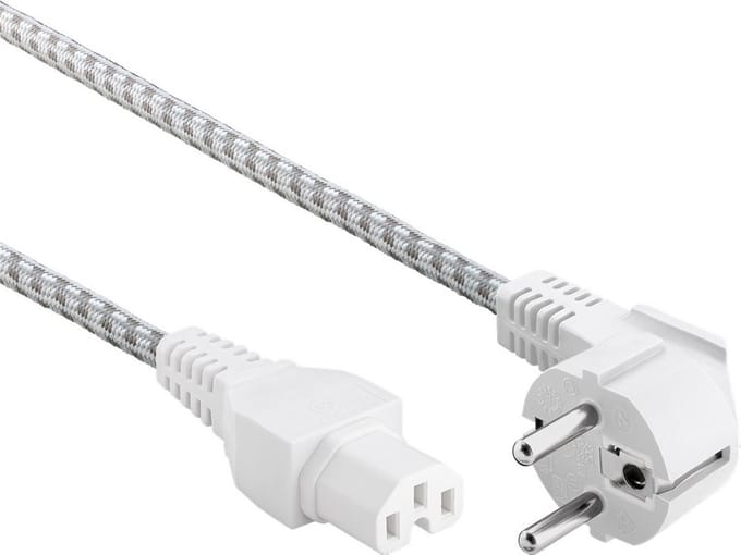 Goobay Aansluitkabel voor hete apparatuur, 2 m, wit-zilver, hybride stekker met randaarde (type E/F, CEE 7/7) 90° > Apparaatbus C15