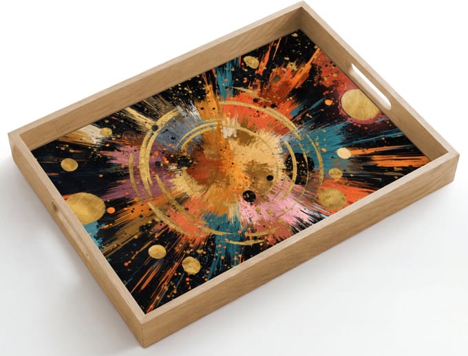 Dienblad hout 50x35 cm - Schootdienblad - Explosie - Verfstructuur - Goud - Abstract - Borrelplank rechthoek - Plateau dienbladen