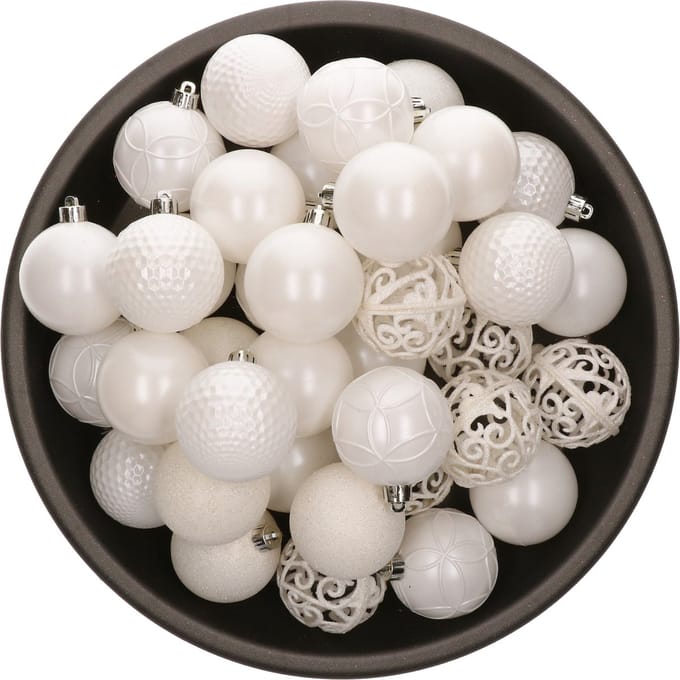 37x stuks kunststof/plastic kerstballen wit 6 cm glans/mat/glitter mix - Onbreekbaar - Kerstboomversiering/kerstversiering