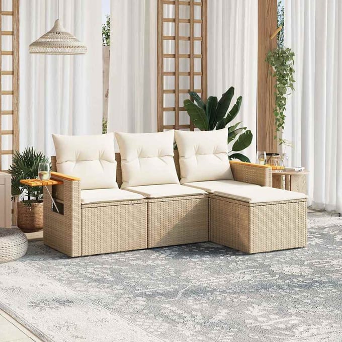 vidaXL - 4-delige - Loungeset - met - kussens - poly - rattan - beige