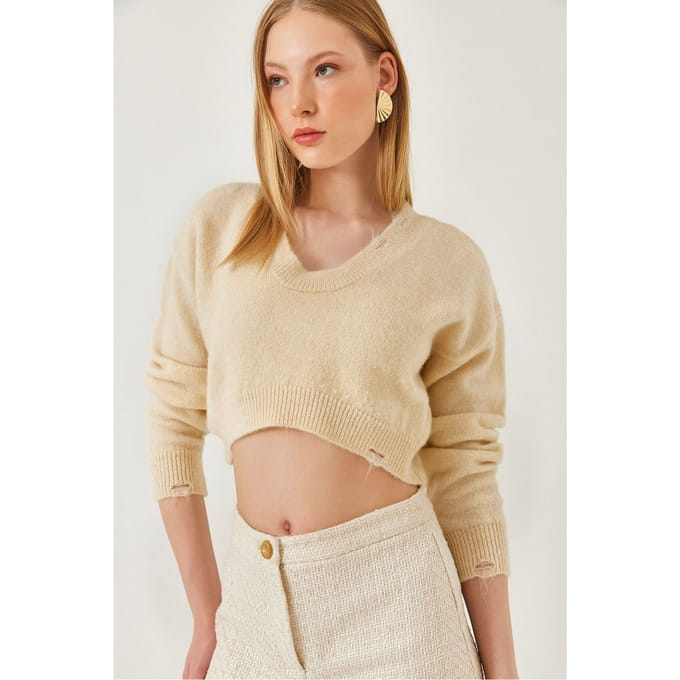 Gestructuurd V-Hals Losse Crop Brei Top