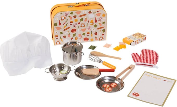 Eurekakids Chef Set - Stijlvol Koffertje met Keukenspullen, Koksmuts en Voedsel van Vilt - 26 Delig