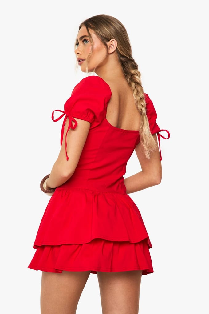 boohoo Dames Frill Puff Sleeve Milkmaid Mini Jurk | Rood | Maat: 36