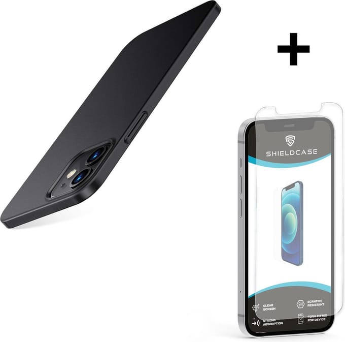 ShieldCase telefoonhoesje geschikt voor Apple iPhone 12 / 12 Pro ultra thin case - optimale bescherming - dun design - zwart + glazen Screen Protector