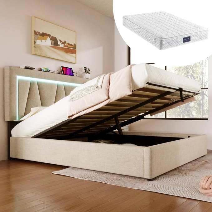 REDOM Bedframe 140x200 cm – Linnen beige – Met LED, USB-C & verstelbaar hoofdbord – Hydraulisch