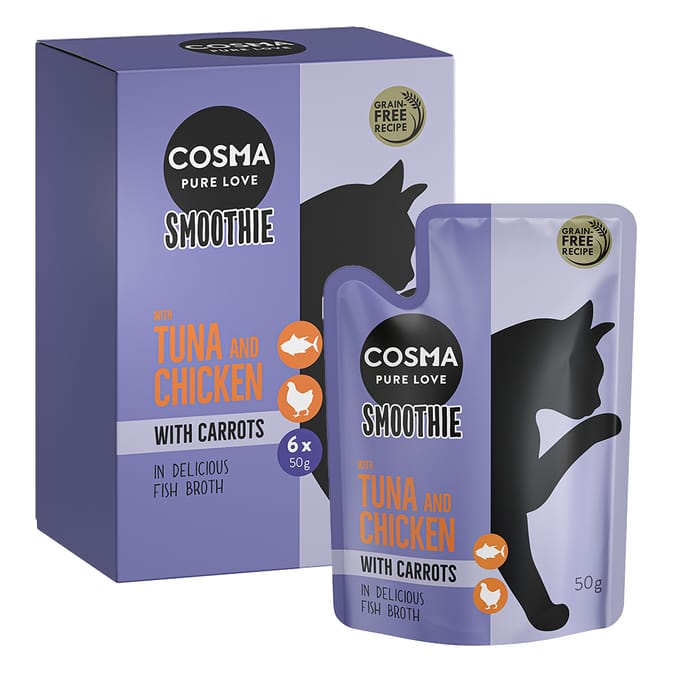6x50g Cosma Smoothies Kattensnacks Tonijn en Kip met Wortel