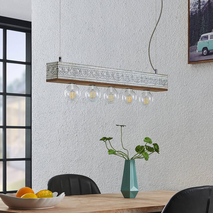 Lindby - hanglamp - 5lichts - MDF, ijzer - H: 9 cm - E27 - hout licht, wit antiek gegalvaniseerd