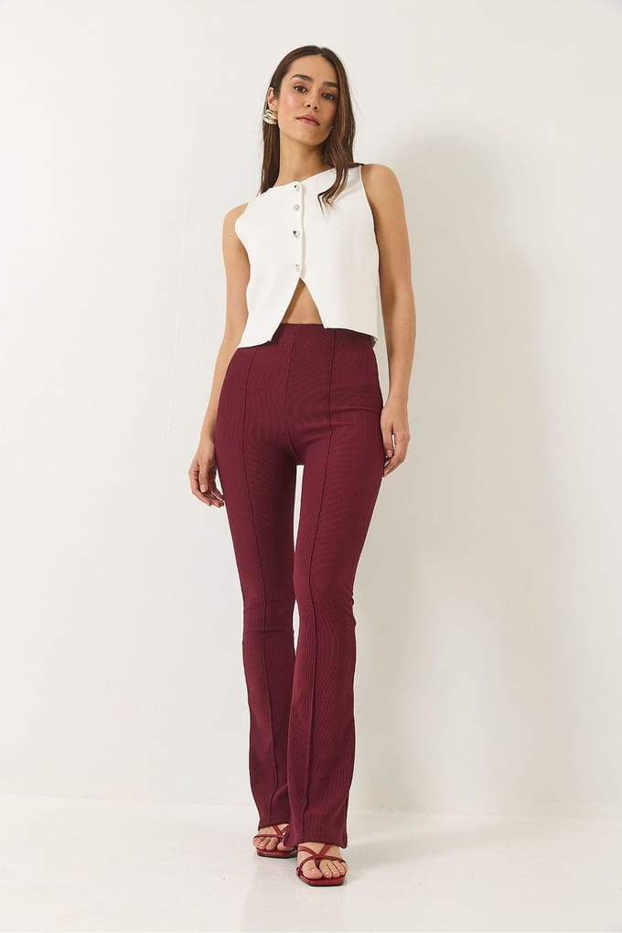 Hoge Taille Uitlopende Broek met Geribde Textuur