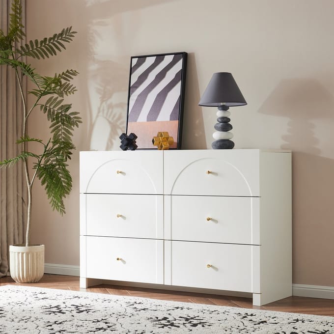 MODFU Opbergkast H82/B120/T40 cm van spaanplaat, met 6 laden en romantisch luxe ontwerp, crème-wit