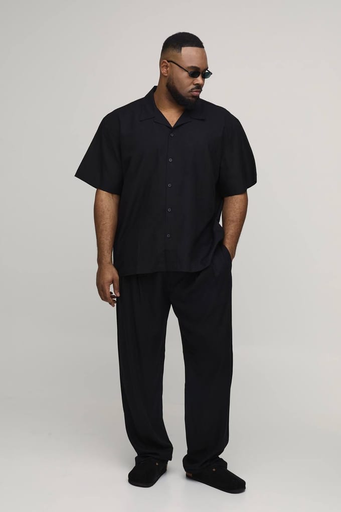 Plus Vakantie Linnen Blend Oversized Shirt & Ontspannen Broek Set | Black | Size 3XL