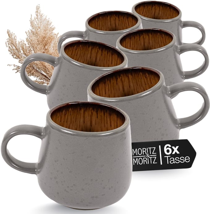 Moritz & Moritz SOLID Koffiekopjes Set - 6-delig Koffiebeker met Oor - 420 ml - Steengoed - Beige