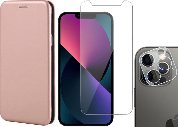 Hoesje geschikt voor iPhone 13 Pro - Portemonnee Book Case - Roségoud - Met Screenprotector en Camera Screen Protector