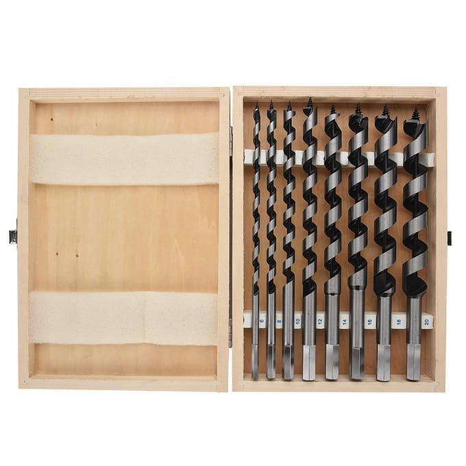 Ensemble de 8 mèches de tarière en acier au carbone Coffret en bois Queue hexagonale usinée Mèche de perçage