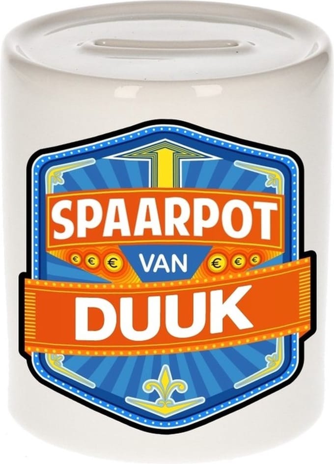 Bellatio Decorations Kinder spaarpot met naam - Duuk - keramiek - met dop - wit - Sparen - Spaargeld van Duuk