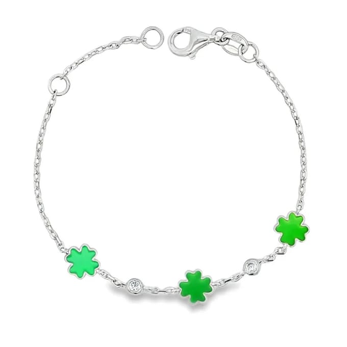 Juwelier Emo - Zilveren Kinderarmband met groene klavers 13-15CM