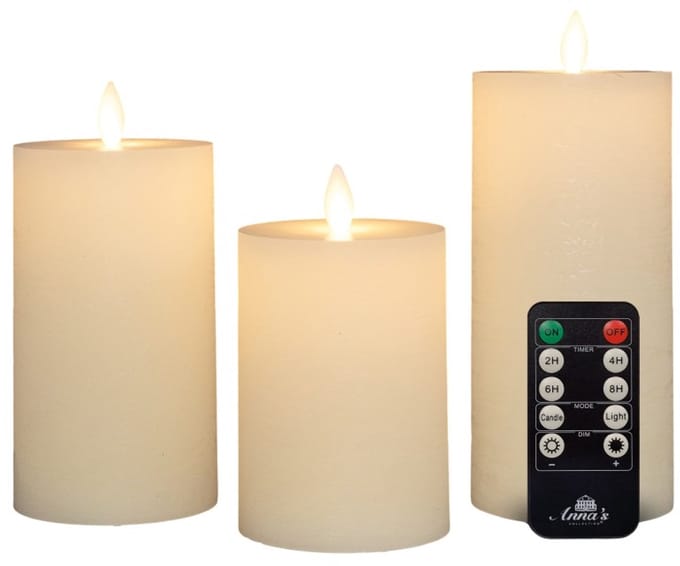 Anna's Collection LED kaars oplaadbaar flame effect rustiek set 7.5 cm wit 3 stuks