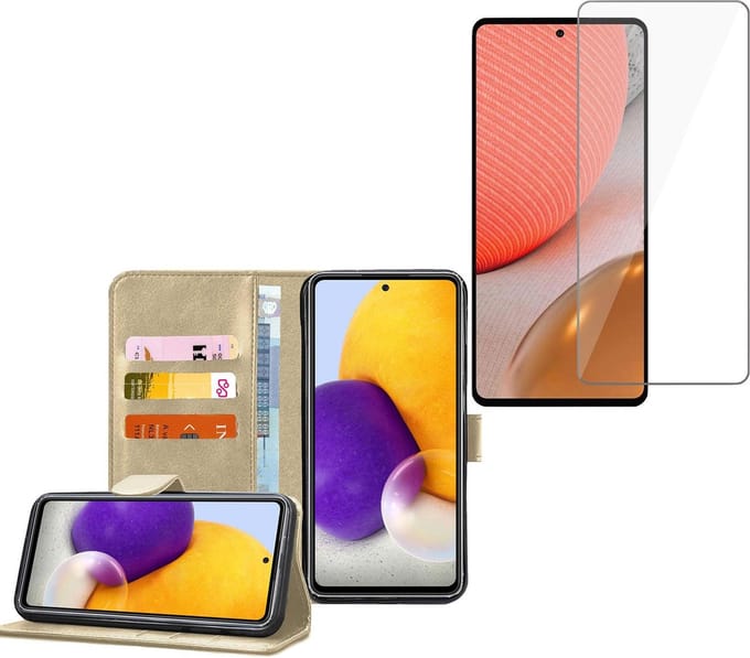 Hoesje geschikt voor Samsung Galaxy A72 - Screenprotector Glas - Book Case Portemonnee Hoesje Goud