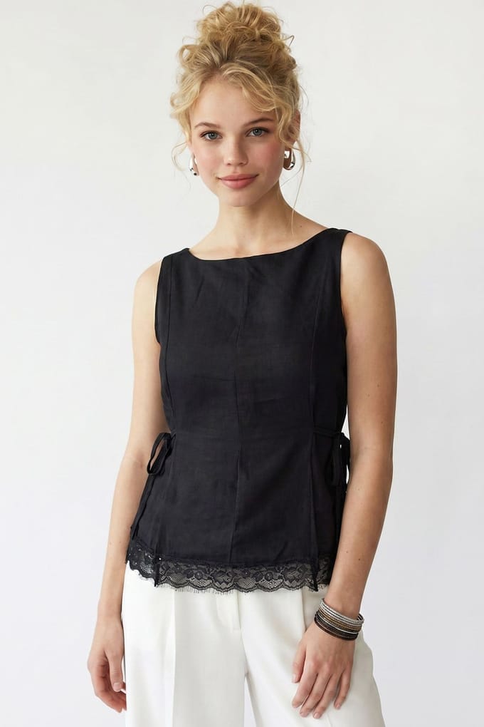 Mouwloze Poplin Blouse Met Striksluiting