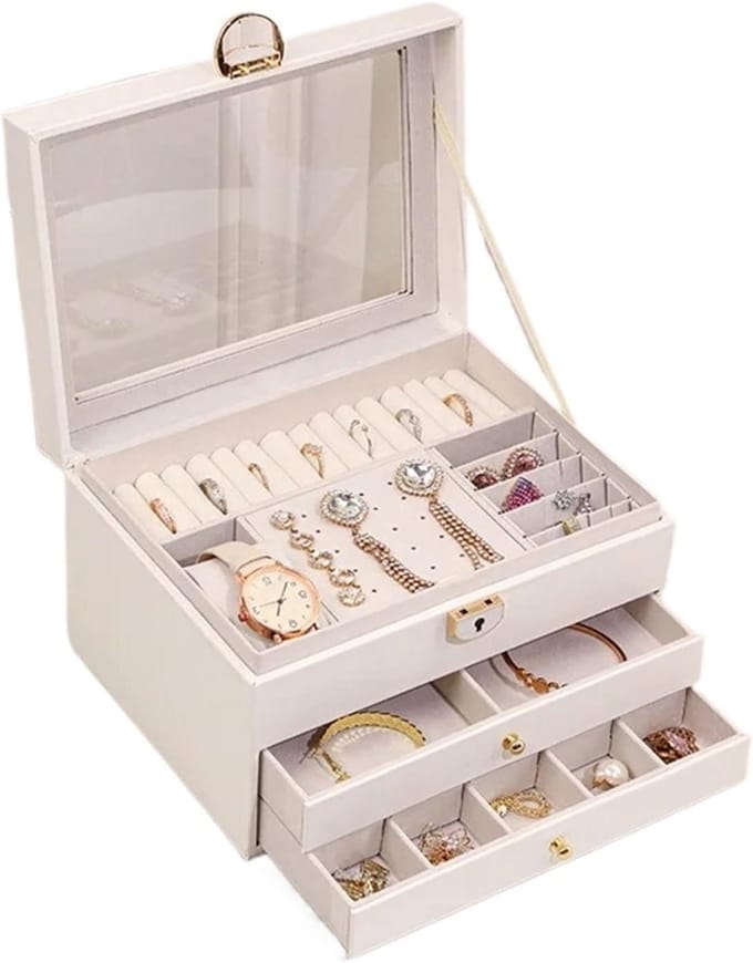 Grote sieradendoos - Juwelendoos organizer - Sieraden opbergen - Drie niveaus - Groot formaat - Wit