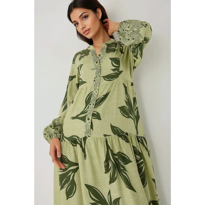 Geprinte Lange Mouwen Viscose Maxi Jurk